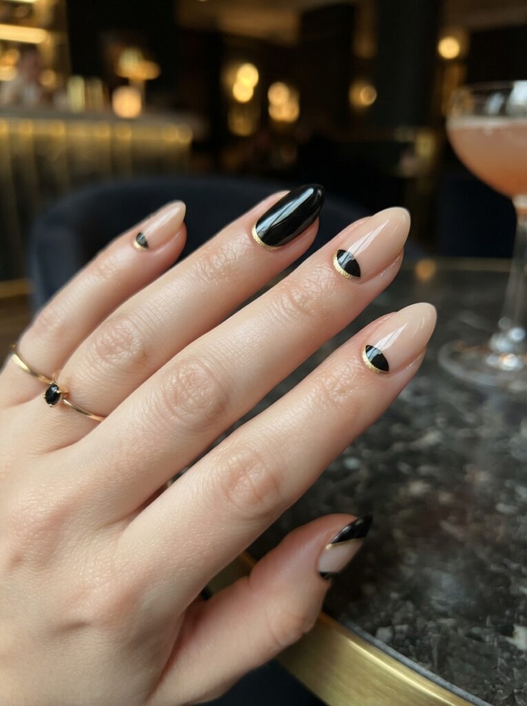 Black gold half moon nails