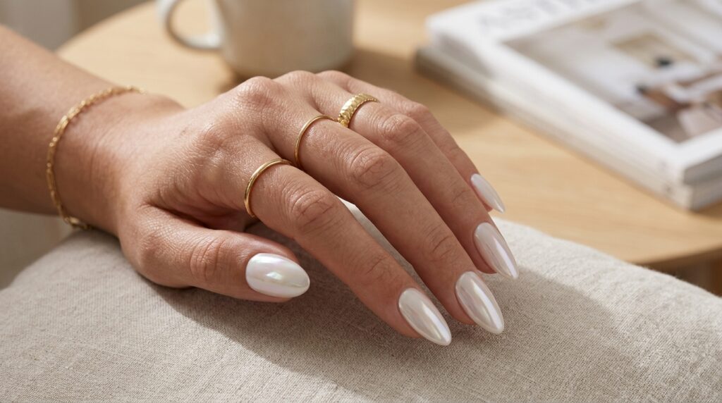 Pearl Chrome Almond Nails