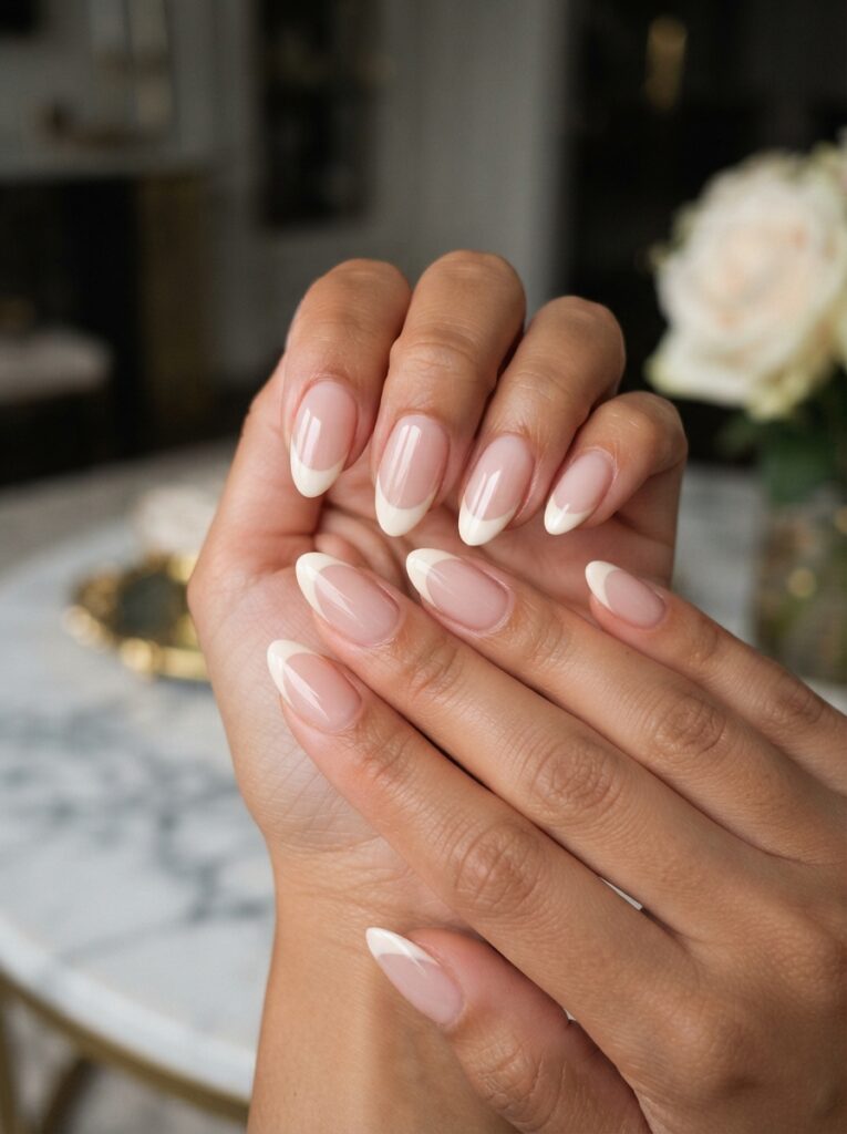 Pink and white French nails