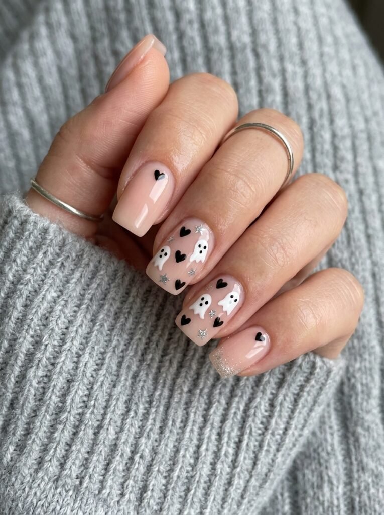 Ghost Heart Acrylic Nails