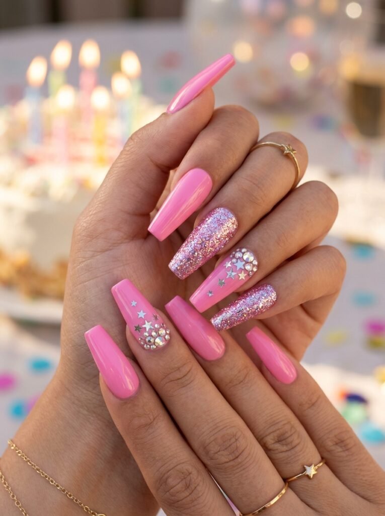 Pink birthday coffin nails