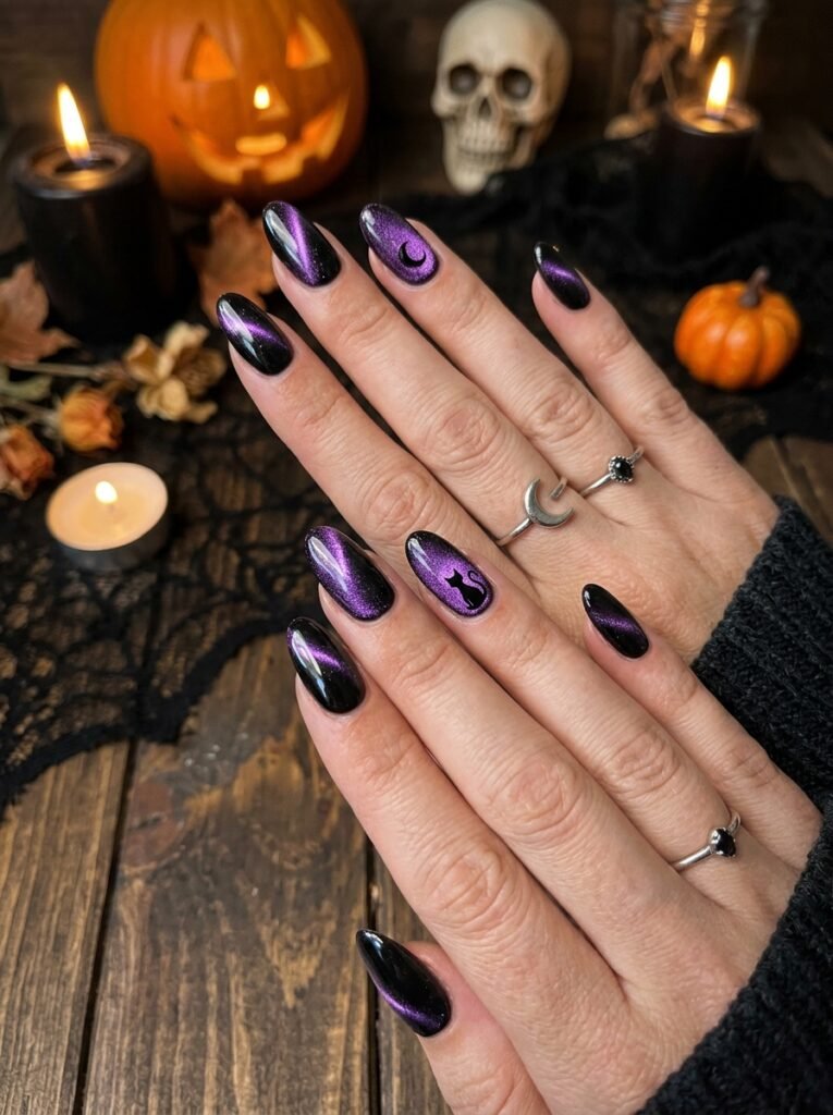 Black and purple cat eye halloween nails