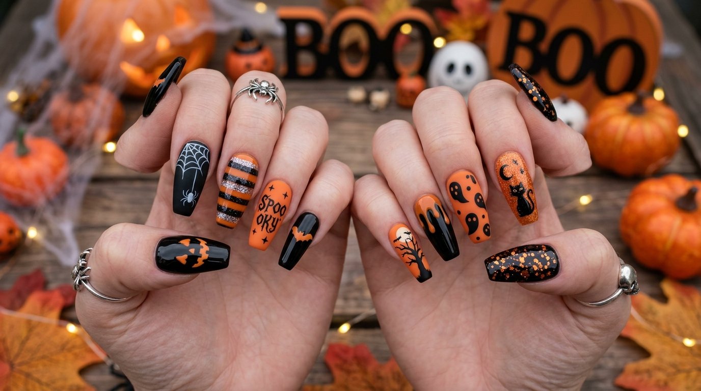 Halloween Nails Black and Orange