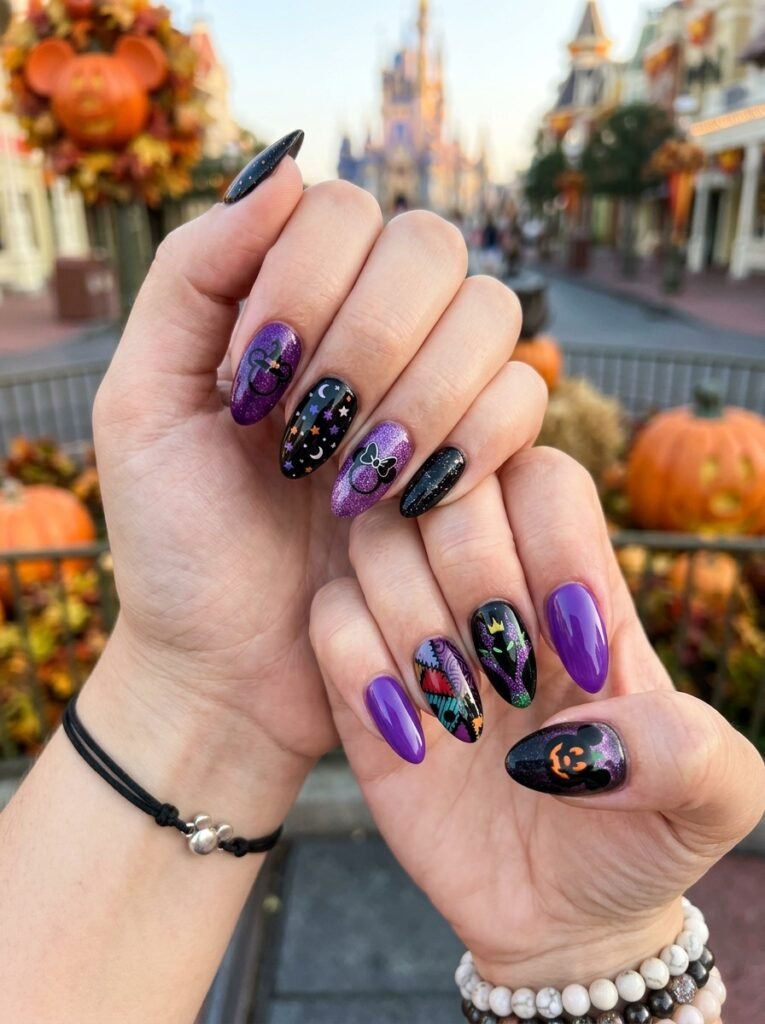 Black and Purple Halloween Dip Nails
Dip powder is a useful option if you like durable color without traditional gel polish. Try alternating black and purple dip powder, then add a glossy top coat and small Halloween decals.
Halloween dip nails ideas black and purple are especially useful for people who want a sturdy manicure with simple seasonal details. The technique is best done carefully because proper prep and application matter for both appearance and nail health.