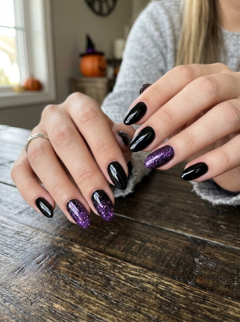 Purple glitter Halloween nails