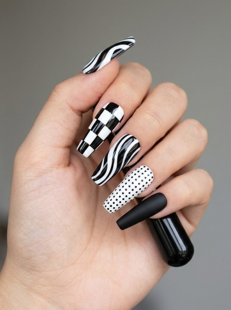 Black white graphic nails