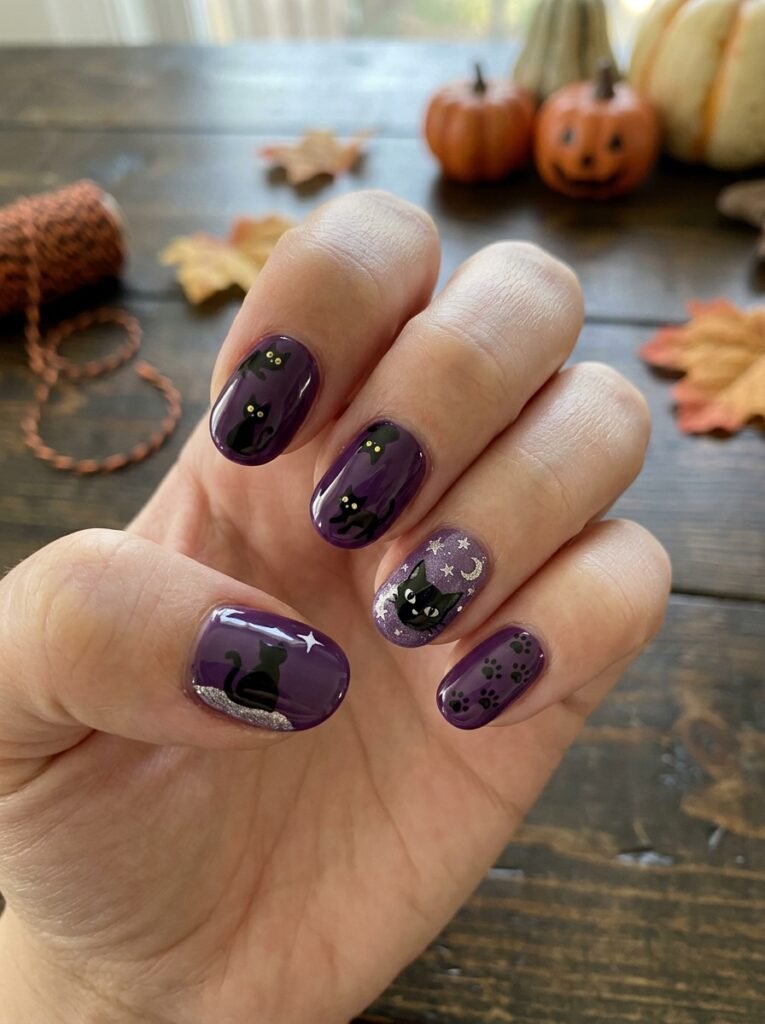 Halloween nails black cat purple
