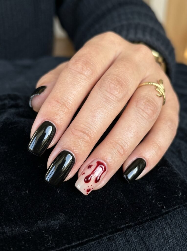Black Nails with Blood Accents