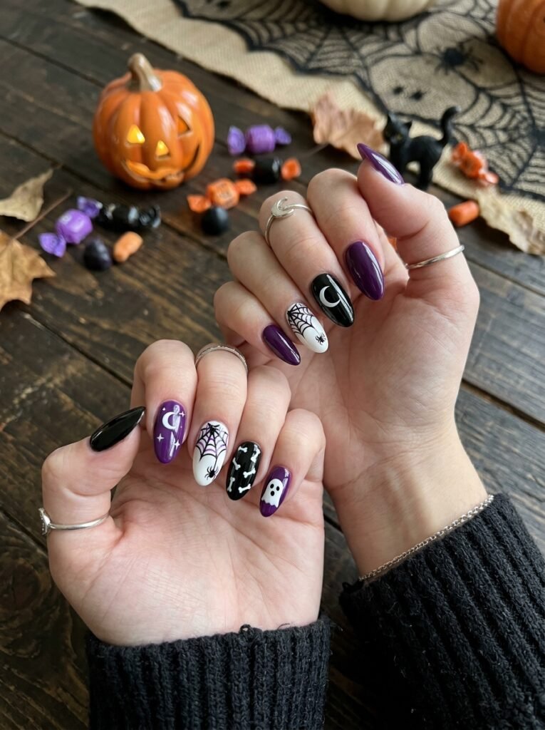 black purple and white halloween nails