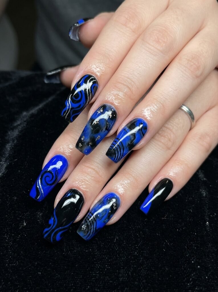 Blue black abstract nails