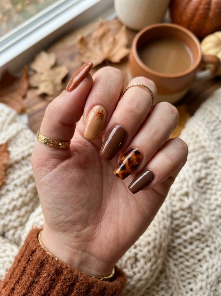 Brown autumn coffin nails