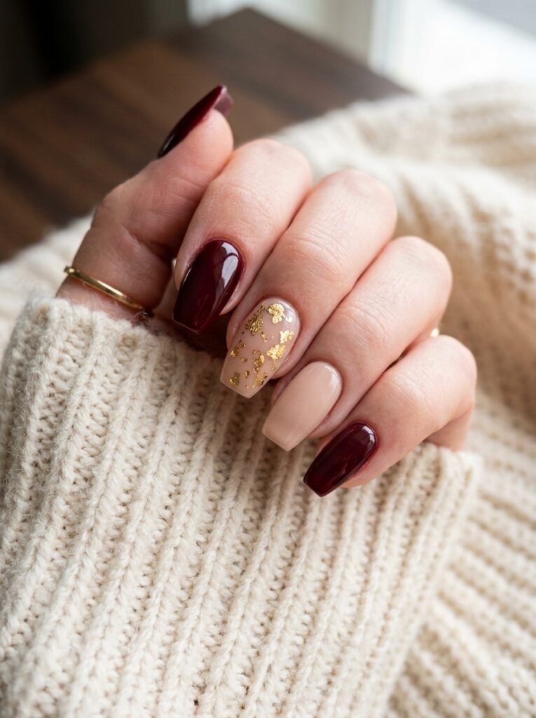 Burgundy gold foil nails