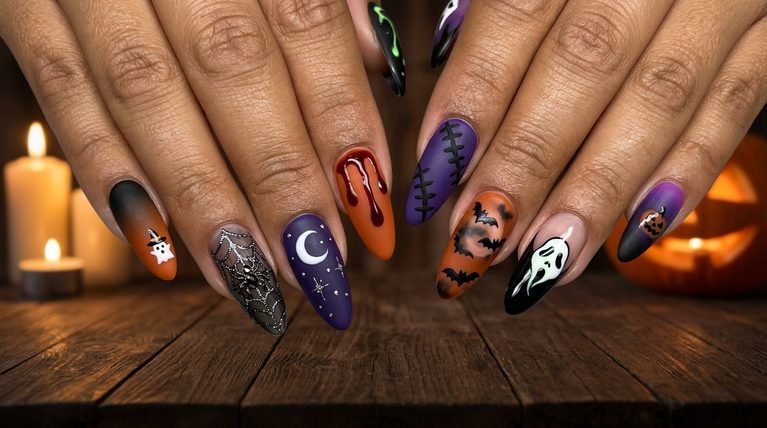 Halloween nails long almond: 20 creative long almond Halloween nail ideas