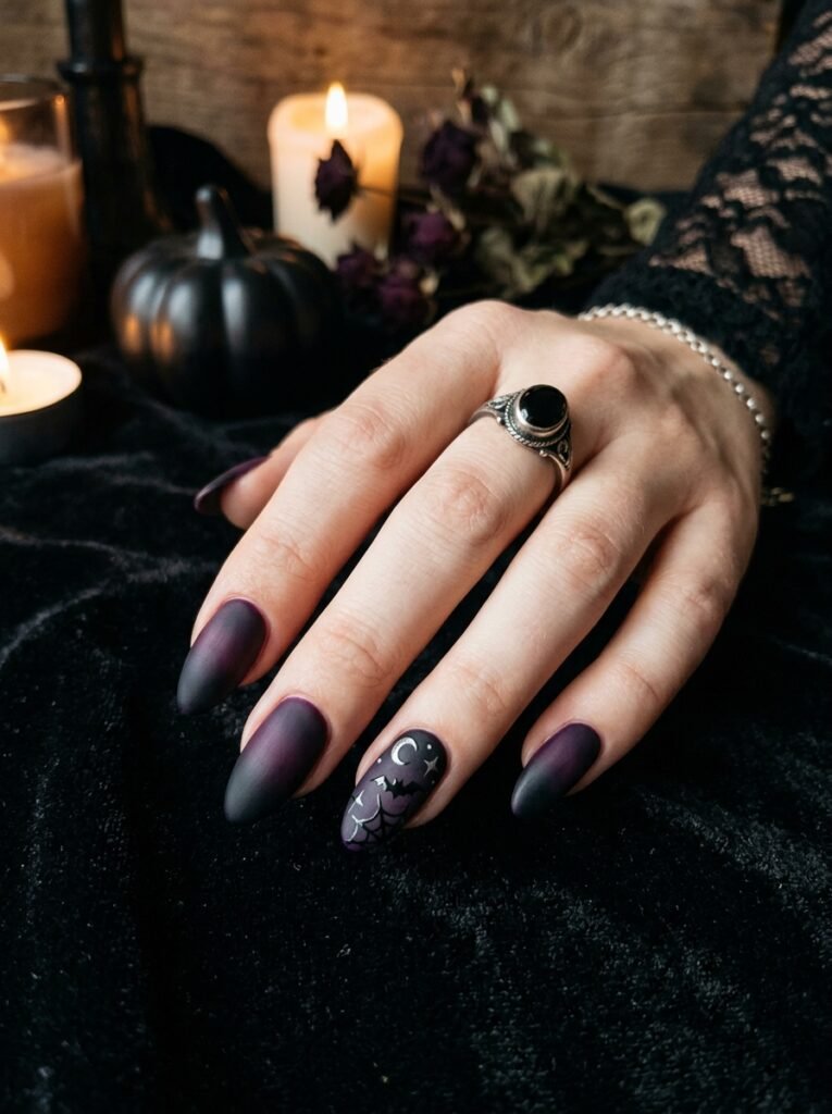 Dark purple black halloween nails