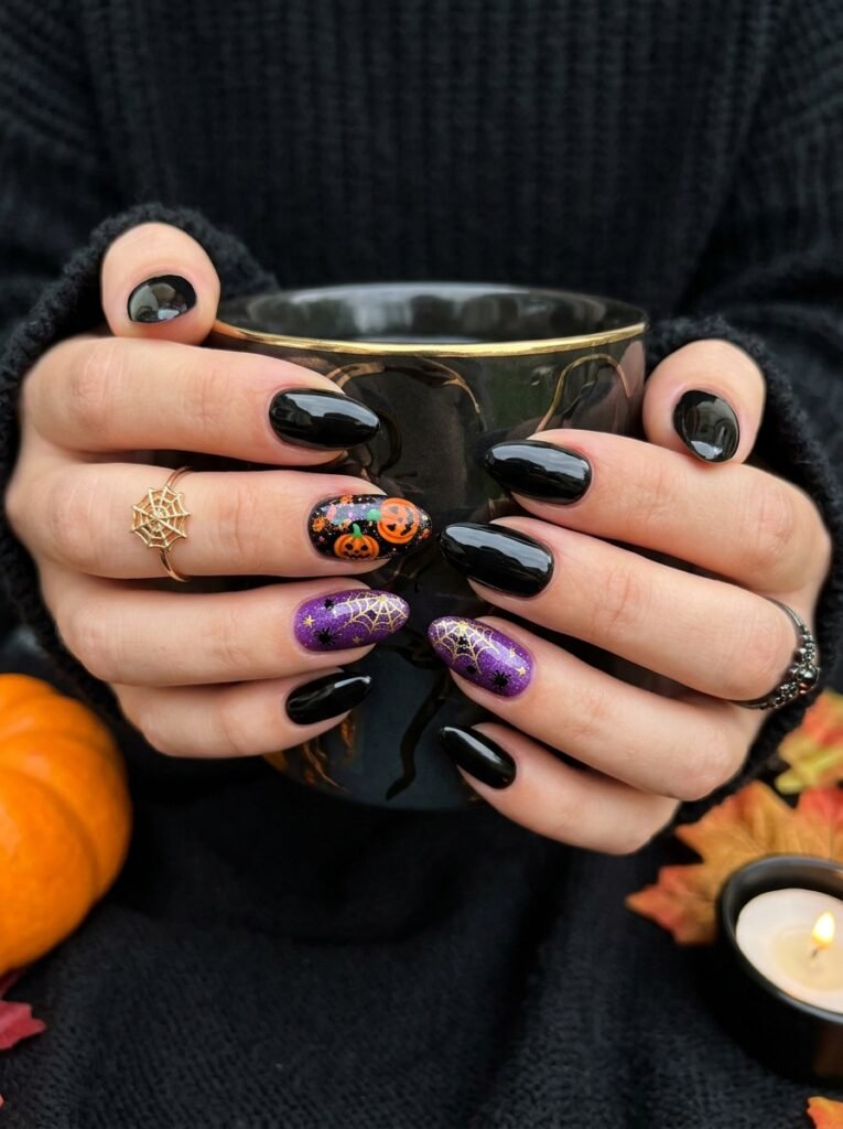 black orange purple halloween nails