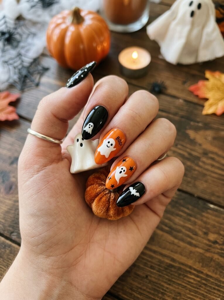 Ghost and pumpkin nails