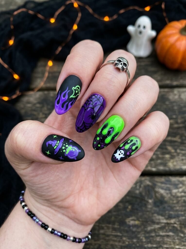 black green and purple halloween nails