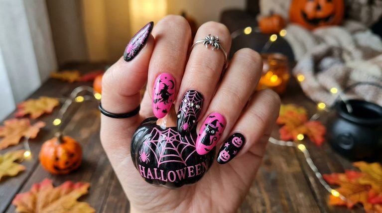 Halloween Nails Pink and Black: 20 Creative Design Ideas