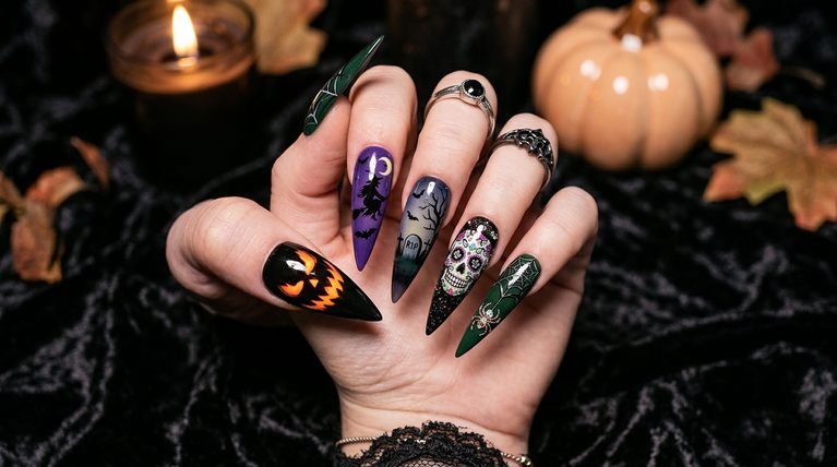 Halloween nails long stiletto: 20 creative designs for dramatic Halloween nails