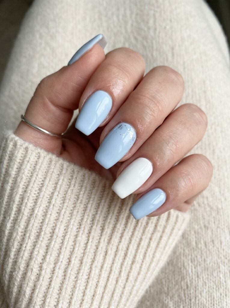 Soft blue coffin manicure