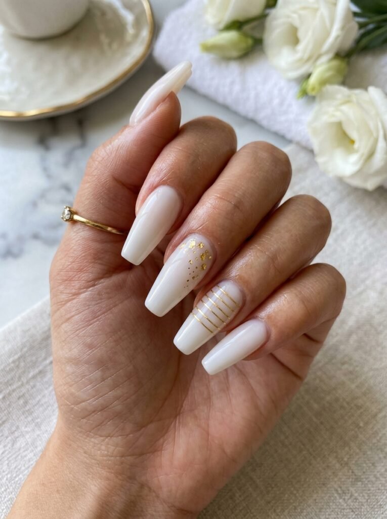 Milky white gold nails