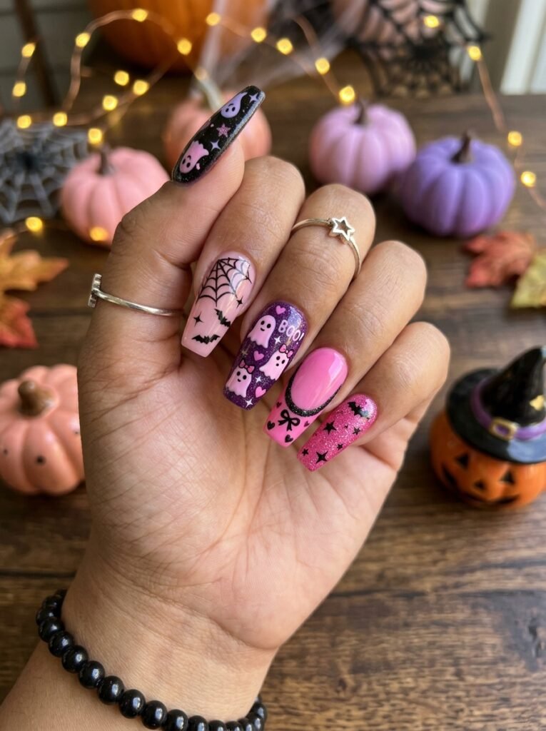 Pink purple and black halloween nails