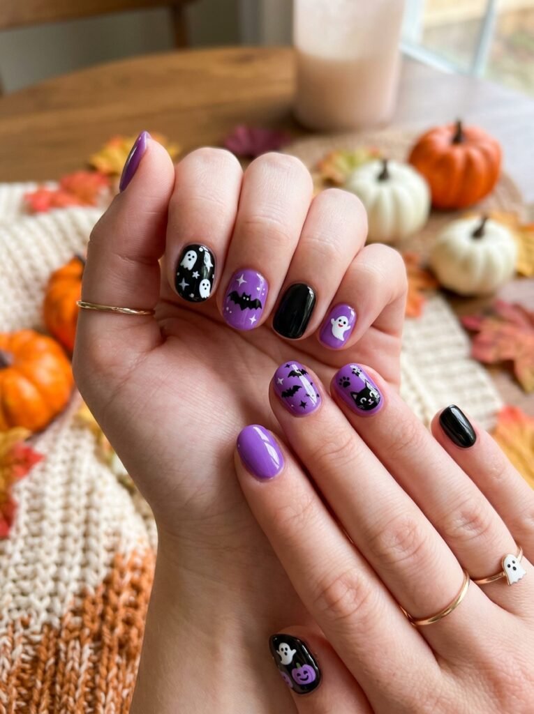 cute halloween nails purple and black