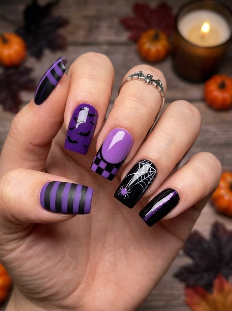 Purple and black halloween nails designs square