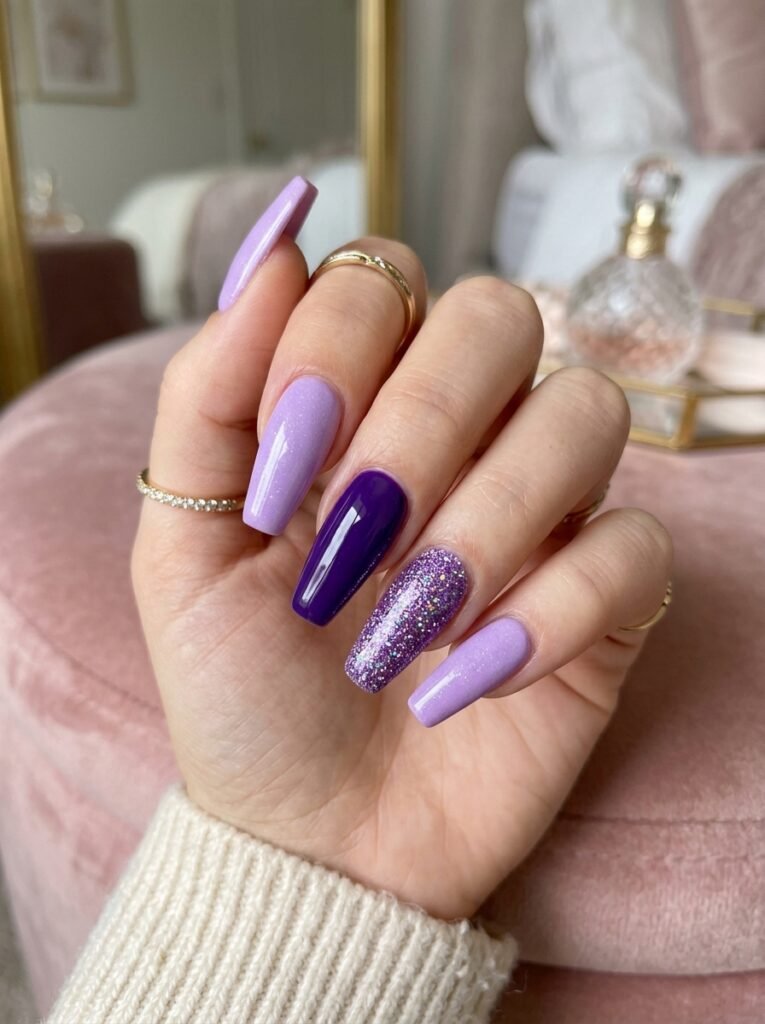 Purple Glitter Coffin Nails