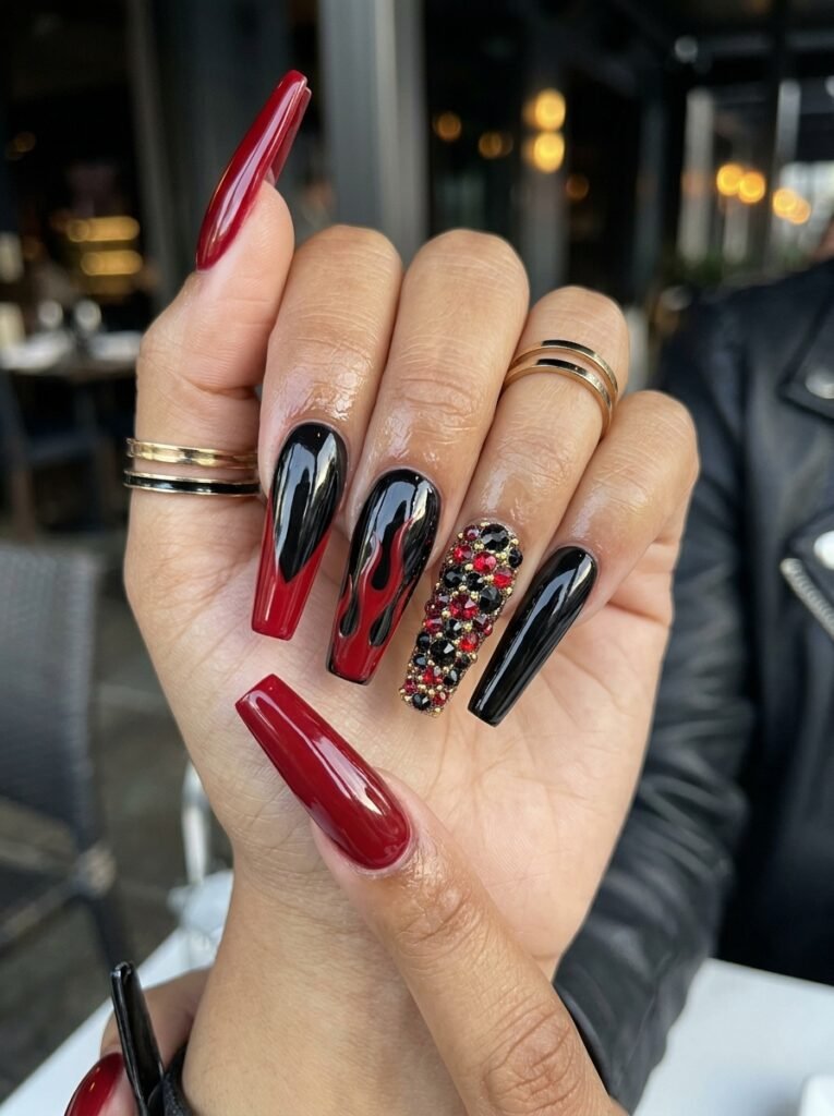 Red black baddie nails