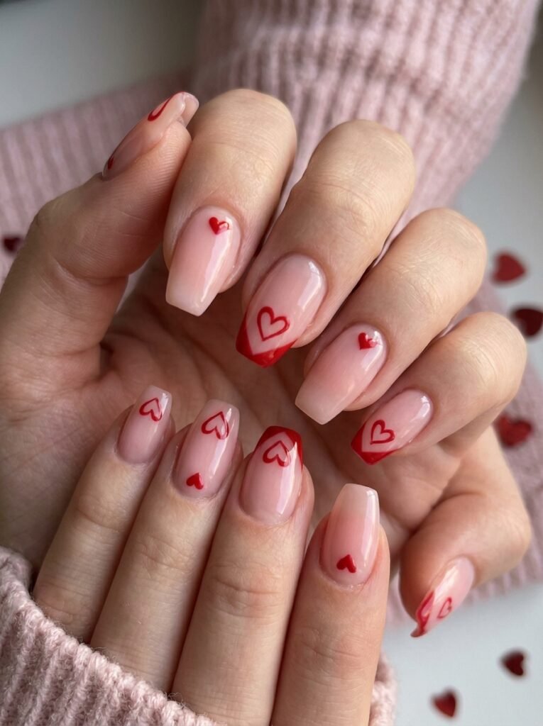 Red heart Valentine nails