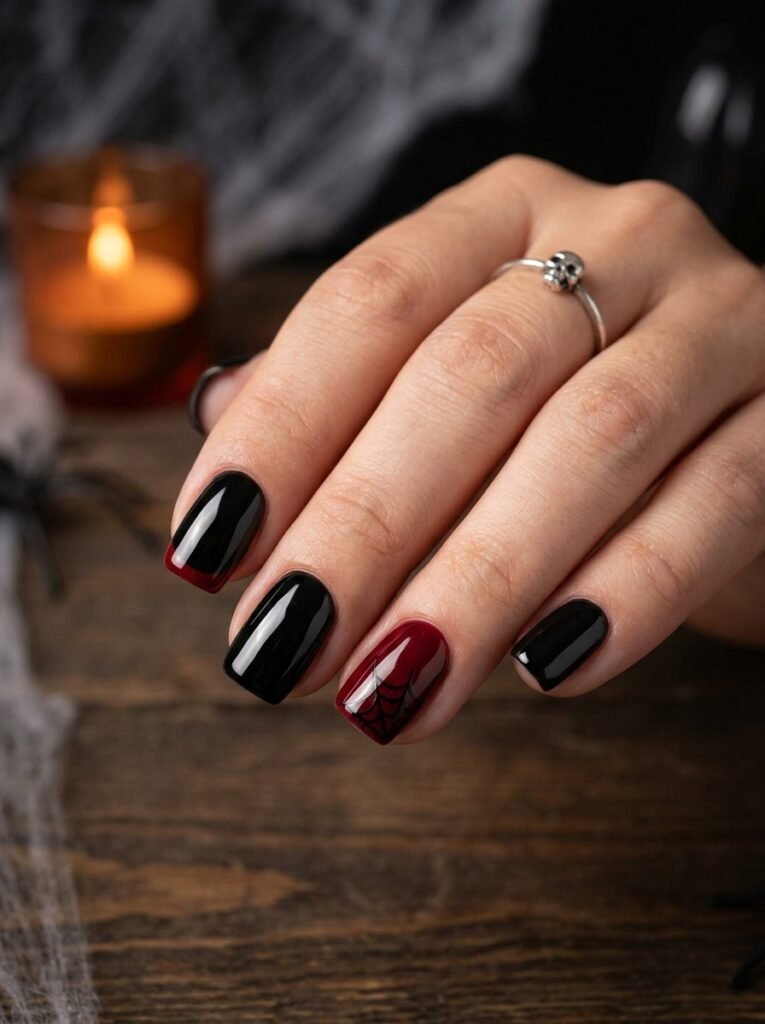 Short Spooky Red and Black Nails