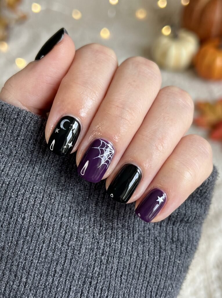 Halloween nails black and purple short