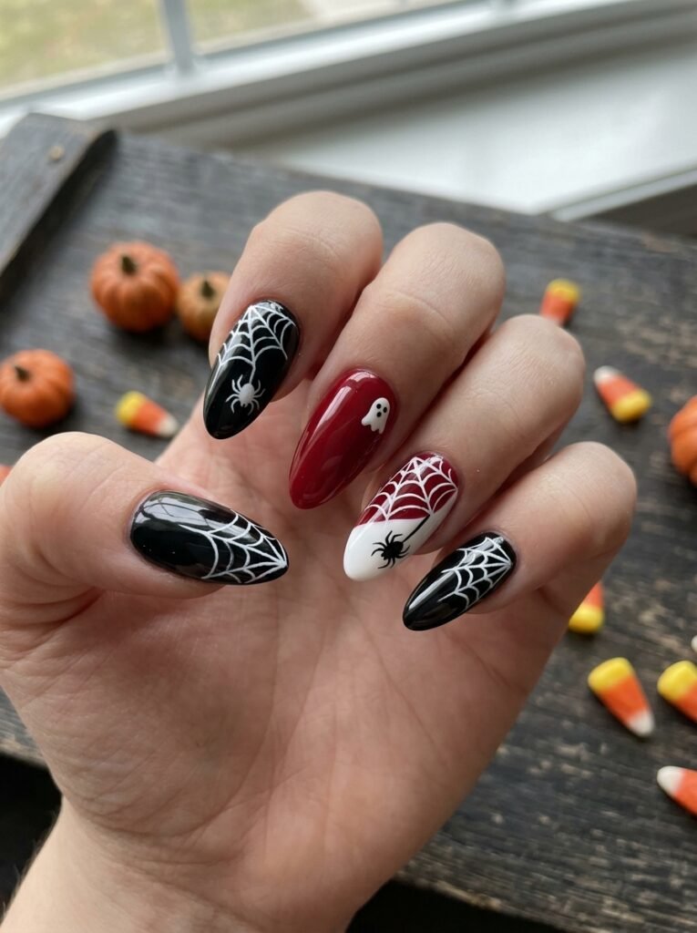 Black, Red, and White Spiderweb Nails