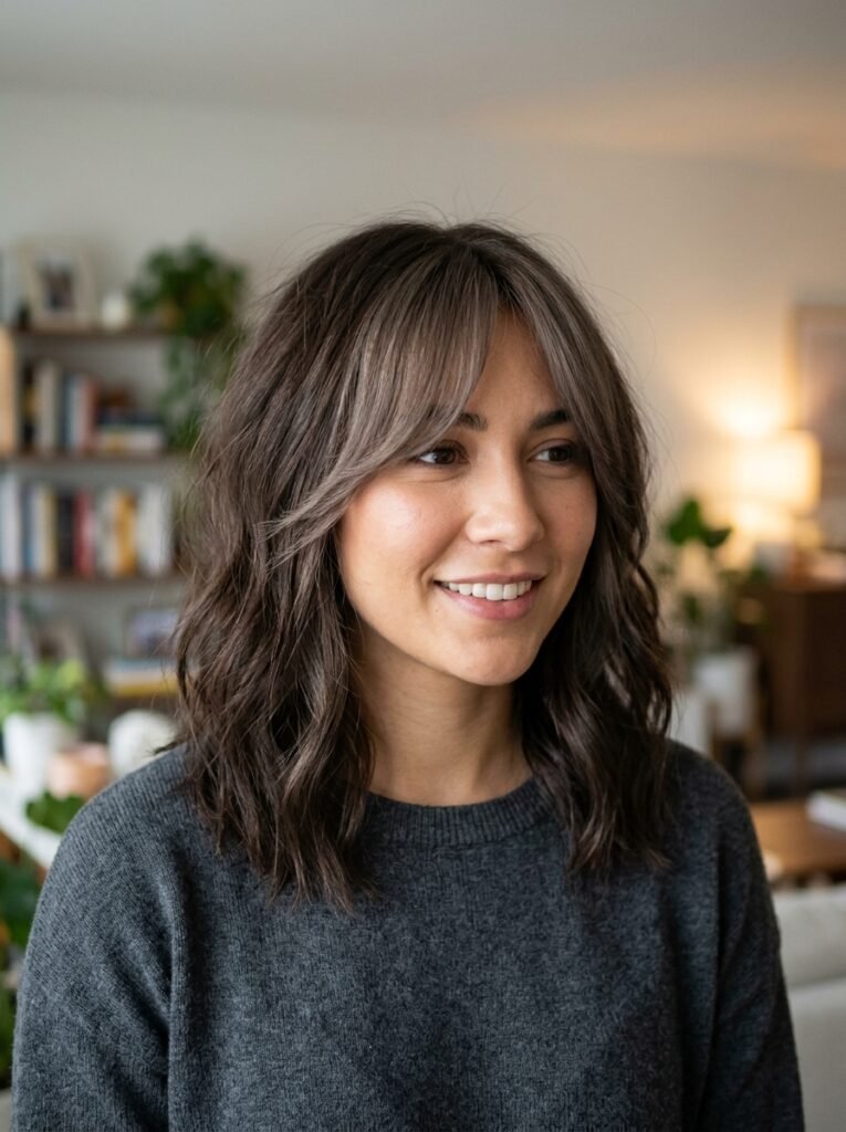 Ash brown brunette bangs