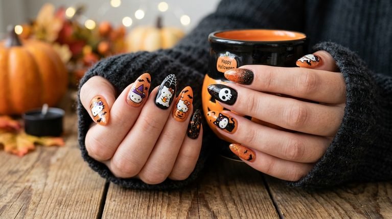 Halloween nails hello kitty almond: 20 almond-shaped designs for spooky season