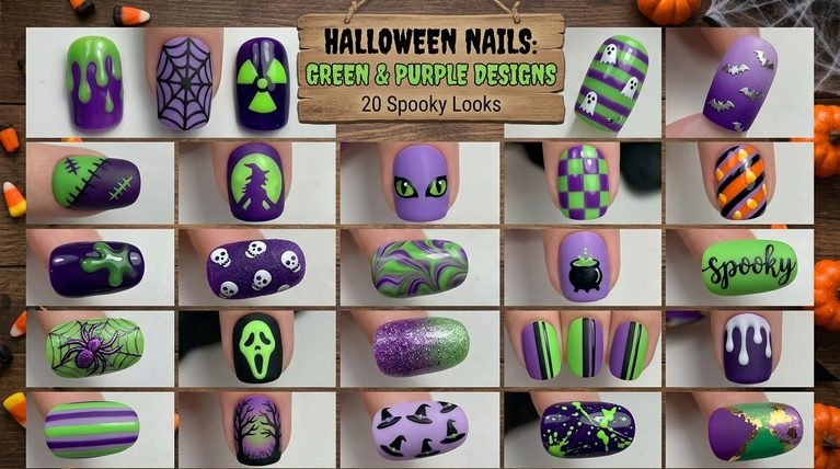 Halloween Nails: Green and Purple Designs for 20 Spooky Looks